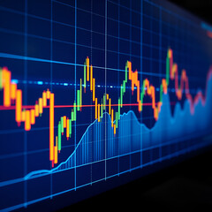 Abstract financial trading graphs and digital number of foreign exchange market trading on monitor. Background of gold and blue digital chart to represent stock market trend.