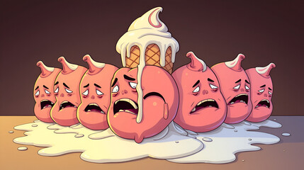 A massive, dripping ice cream cone. The scoops are giant, wobbly cartoon stomachs, each with a pained, bloated expression.