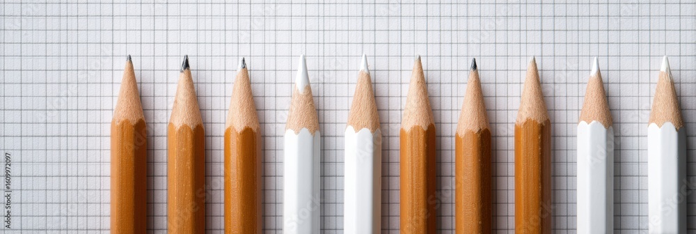Poster neatly arranged colored pencils on clean lined notes resting on graph paper during a study session