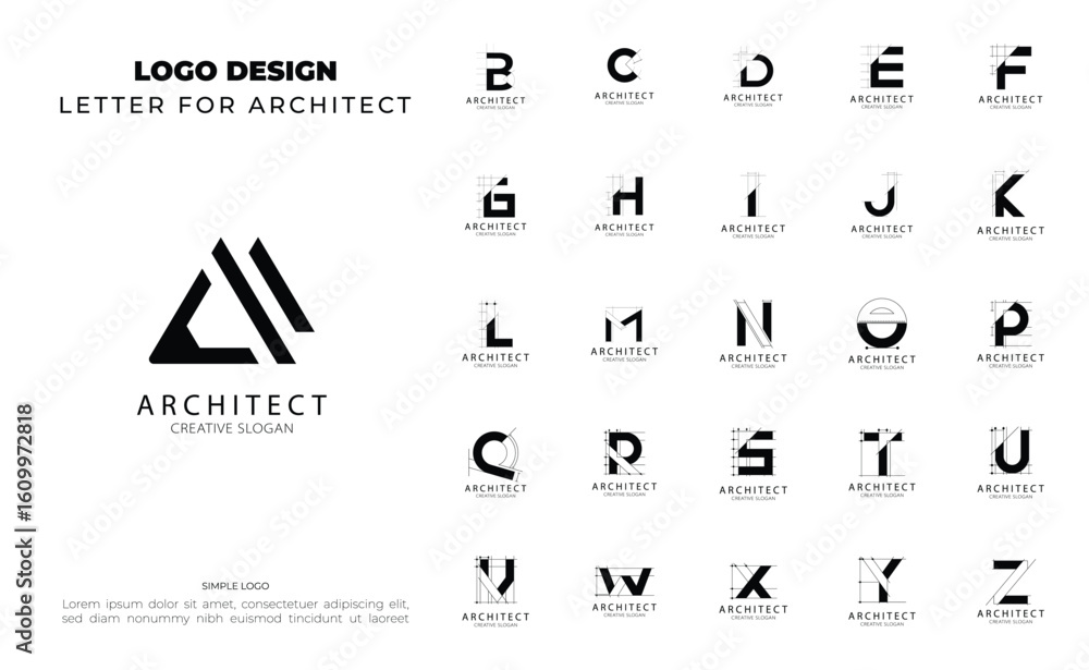Poster set of letter a-z architect logo with sketch style design for architecture and construction company.