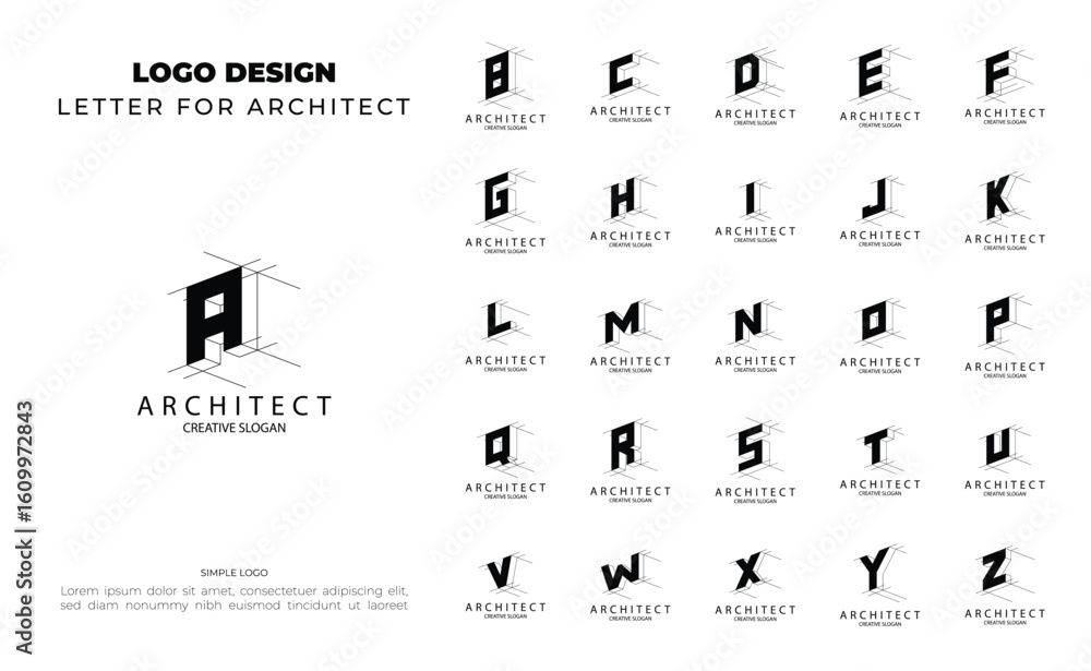 Poster set of z 3d architect logo in simple and minimalist design with letter a-z for architecture and cons