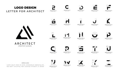 Set of letter A-Z architect logo with sketch style design for architecture and construction company. Logo initial in bundle