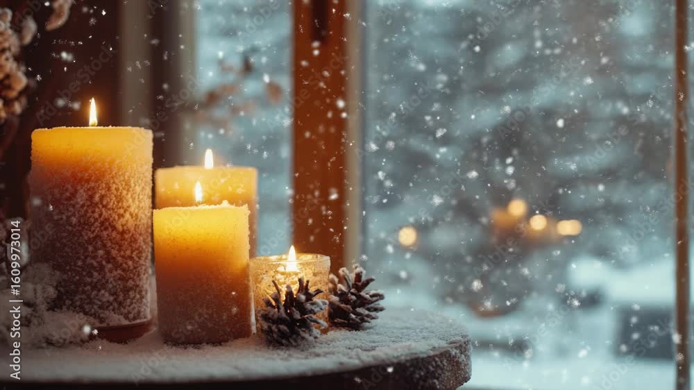 Poster two candles placed on a table in front of a window, creating a warm and cozy ambiance