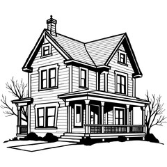 Victorian House Monoline Architectural Illustration Line Art Lineal Black and White Home