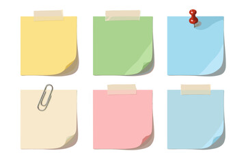 A variety of colorful sticky notes with different elements.  Each note is unique in color and way of fastening. A cheerful office-themed picture