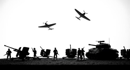 Silhouette of toy soldiers, tanks, and anti-aircraft guns, with two planes flying overhead against a white background. A miniature war scene in monochrome.