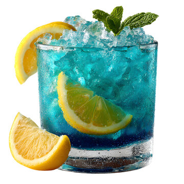 The Blue Lagoon is a vibrant, icy cocktail with a striking blue curasao base, mixed with vodka and lemonade. Garnished with lemon and mint, cut-out, clipping path, transparent
