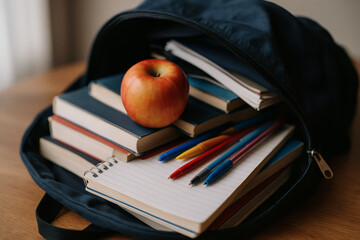 An apple, notebooks and books in a backpack ready for the learning adventure. A symbol of education, with fresh supplies, back to school