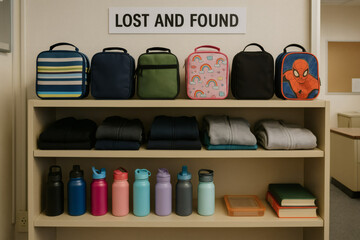 An organized shelf displays an array of lost and found items, including lunch boxes, bottles, and clothing, back to school