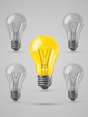 Bright Idea Concept with Yellow Light Bulb Among Clear Bulbs