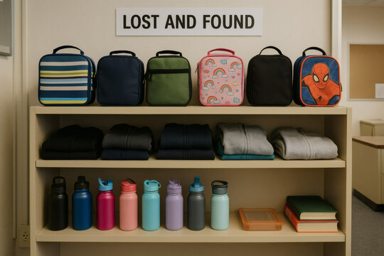 An organized shelf displays an array of lost and found items, including lunch boxes, bottles, and clothing, back to school