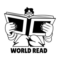 glyph sticker of reading character with world read typography