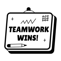Teamwork wins written on a board, glyph style sticker 