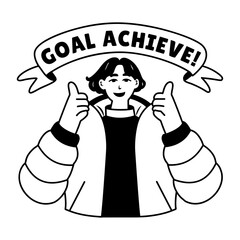 Glyph sticker of happy character with goal achiever typography 