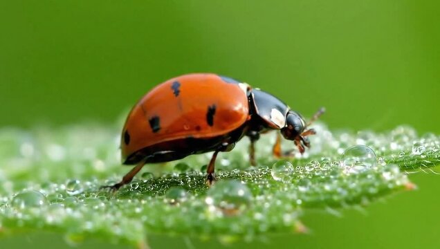 A ladybug perched on a vibrant green leaf, adorned with water droplets. This macro photograph highlights the intricate details of the ladybug and its natural habitat.