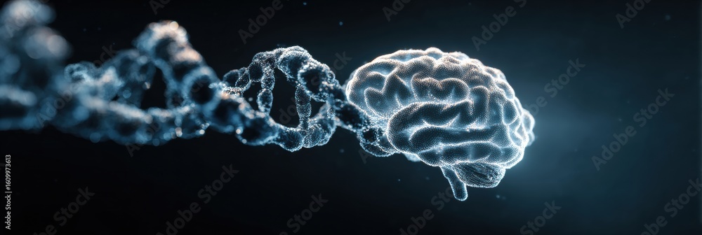 Poster evolving dna strand transforms into a glowing brain against a modern scientific background