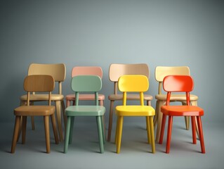 Obraz premium Colorful Wooden Chairs Arranged in a Stylish Interior Design Setting
