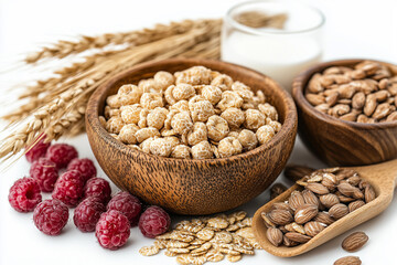 Rustic wooden bowl filled with puffed cereals, surrounded by fresh raspberries, wooden spoon with nuts, glass of milk, and wheat stalks.