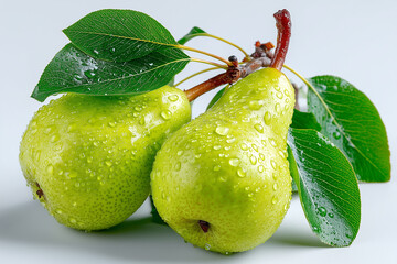 Green pears with water droplets, on white background.