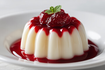 Perfectly molded panna cotta dessert, drizzled with red raspberry sauce and garnished with fresh raspberries and mint sprig.