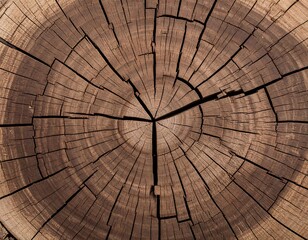 Fototapeta premium Close-up of a tree trunk cross-section. Detailed wood grain, cracks, and rings are visible. Natural wood texture