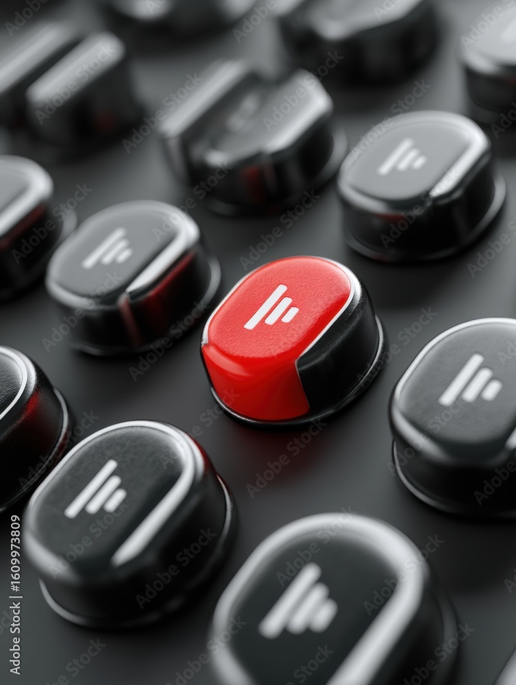 Poster focused red button among black buttons in a close-up view