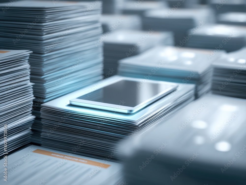 Poster stacks of paper with tablet computer in modern office setting