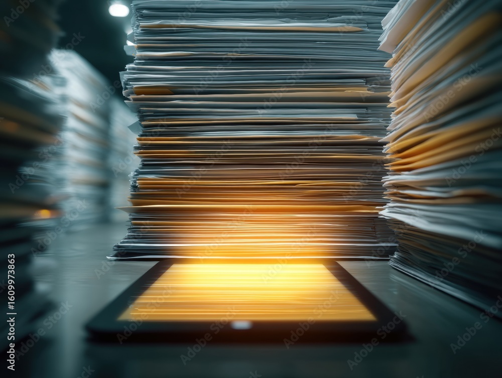 Poster stacks of documents surrounding a glowing tablet device
