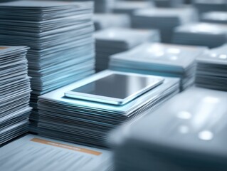 Stacks of Paper with Tablet Computer in Modern Office Setting