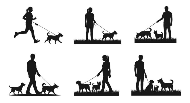 People and dogs silhouetted in various outdoor activities, illustrating moments of companionship and care. These silhouette images convey themes of love, exercise, and responsibility
