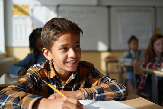 Smiling student boy in classroom writing at desk education learning school concept