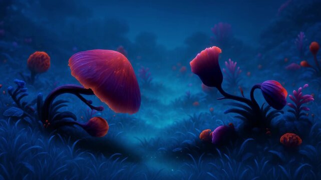 Close-up view of a lush, Earth-like planet surface with blue grass, alien flora, and bioluminescent fog
