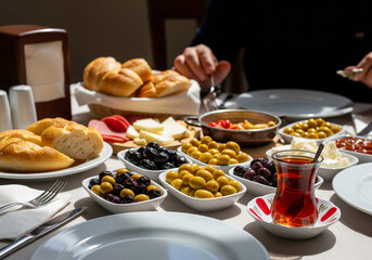 Traditional Middle Eastern Breakfast Table with Assorted Dishes and Hand Reaching for Food