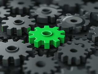 Unique Green Gear Among Black Gears in a Mechanical Background