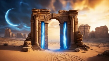 Ancient Portal to Another World: Desert Landscape with Glowing Energy Arches