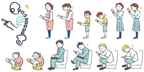 スマートフォン依存によるスマホ首・ストレートネックによる悪姿勢のイメージ　セットのストックイラスト素材
