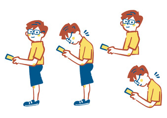 スマートフォン依存によるスマホ首・ストレートネックによる悪姿勢　子ども　セットのストックイラスト素材
