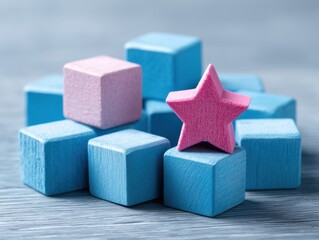 Obraz premium Colorful Wooden Blocks with Star Shape on Blue Table Surface
