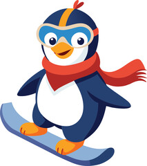 Obraz premium Cheerful penguin in blue and orange gear snowboarding down a gentle slope winter sport