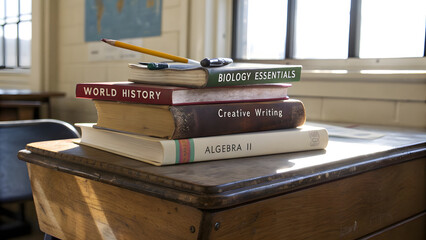 A neatly arranged stack of textbooks, notebooks, and reference books rests on a classic wooden classroom desk, capturing the quiet energy of learning and preparation