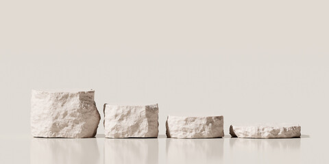 3D Rendering. Natural Stone Product Display Pedestals in a Minimalist Beige Setting.