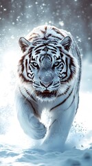 Majestic White Tiger Portrait Striking Feline in Winter Snow Big Cat Wildlife Photography Animal Beauty Nature Image