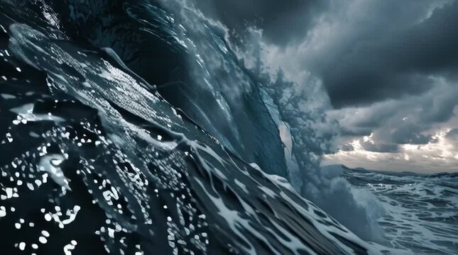 dark stormy ocean with powerful pumping waves crashing under a moody sky, deep grey and blue tones, massive water movements in slow motion, thunderclouds in the distance