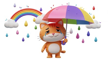 Sad cartoon cat with umbrella under rainbow and rain