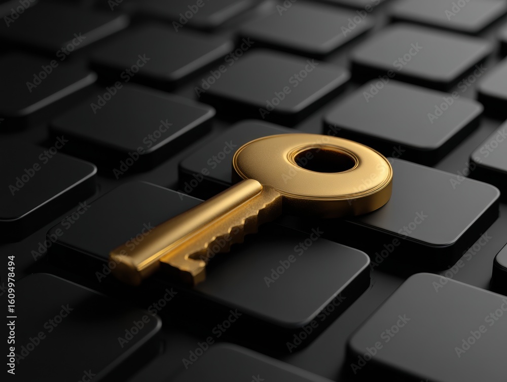 Poster golden key on black keyboard creating digital security concept
