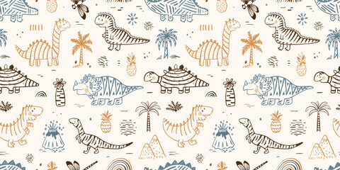 Seamless Dinosaur Pattern - Hand Drawn Striped Cute Dinosaurs in Earth Tones. Kids Fashion Vector Playful Background