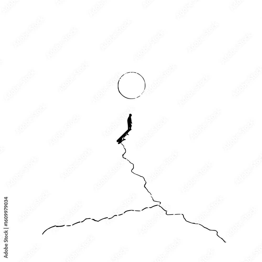 Aufkleber silhouette of a person standing on a path with a circle above them under a white background in black