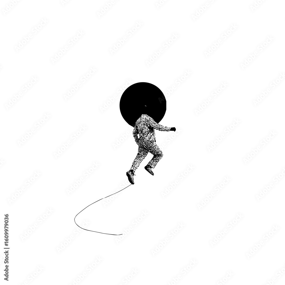 Poster a person in a patterned suit leaps forward with a black circle obscuring their head in monochrome ar