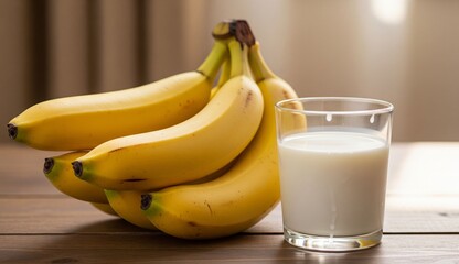 fresh and ripe bananas with a glass of milk