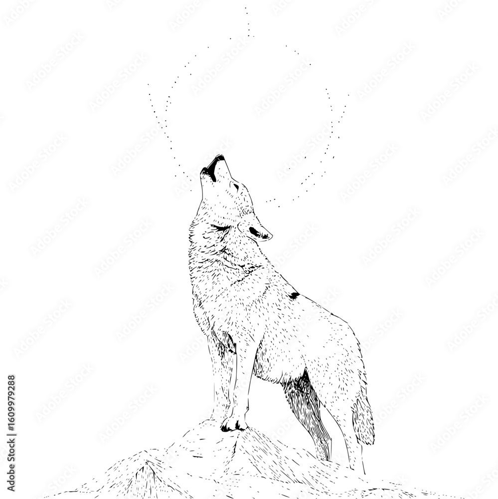 Poster digital wolf howling at binary code moon vector illustration tech art design concept graphic element